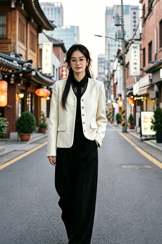 작은 샤넬 스타일 한국 새로운 가을 레트로 V넥 금속 싱글 줄 버튼 루즈핏 다용도 트위드 재킷 이미지 6