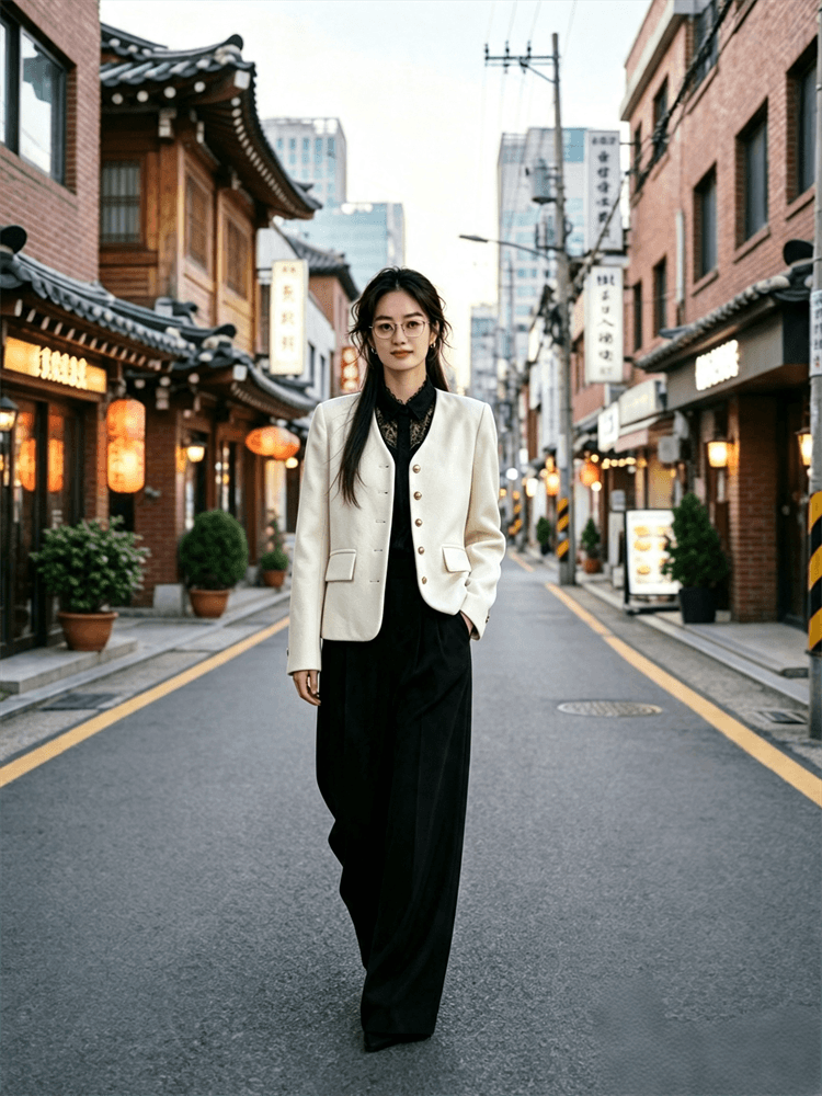 작은 샤넬 스타일 한국 새로운 가을 레트로 V넥 금속 싱글 줄 버튼 루즈핏 다용도 트위드 재킷 상세 이미지 6