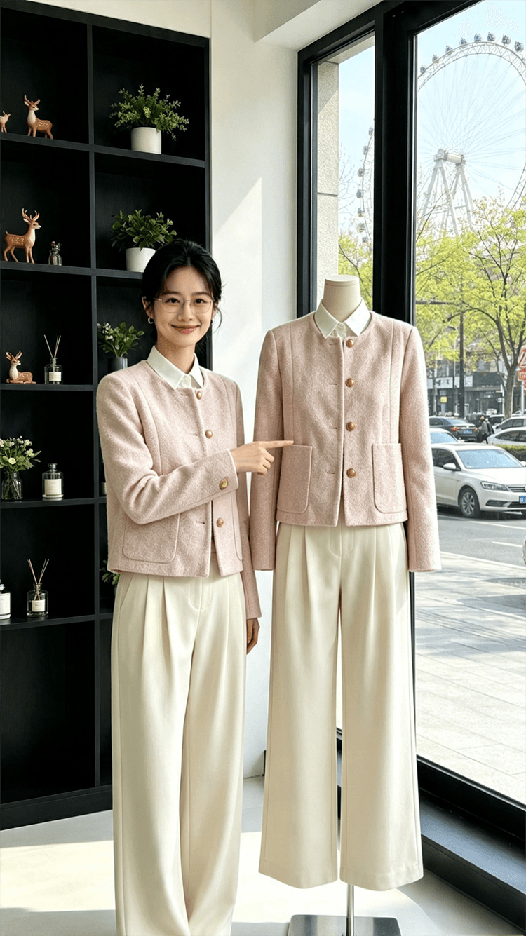 부드러운 핑크색 작은 샤넬 스타일 고급 센스 트위드 한 부서 작은 키 부유 한 가족 천 골드 짧은 외투 상세 이미지 1