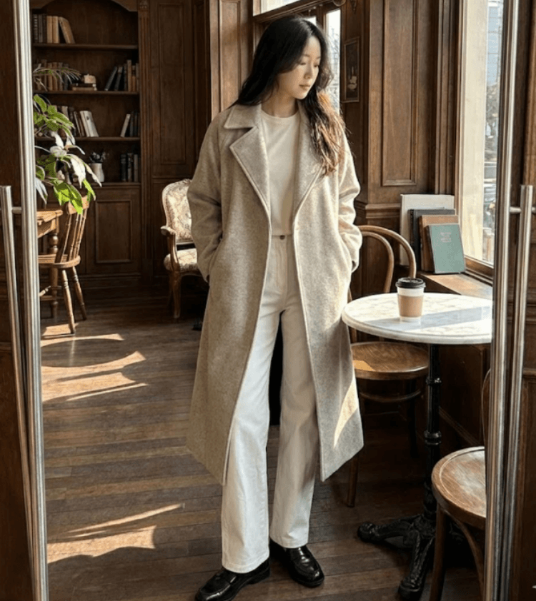 한 부서 고급 센스 레이스업 루즈핏 느긋한 바람을 피우다 롱 코트 모직 외투 상세 이미지 11