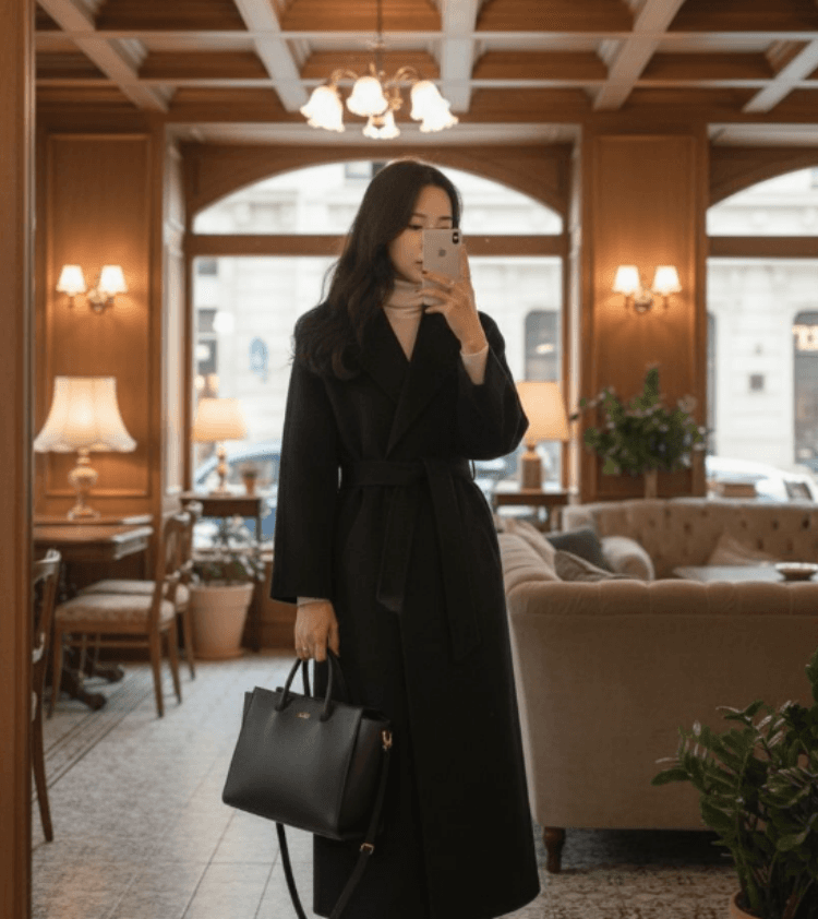 한 부서 고급 센스 레이스업 루즈핏 느긋한 바람을 피우다 롱 코트 모직 외투 상세 이미지 15