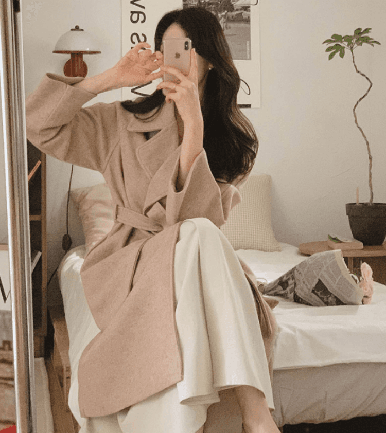 한 부서 고급 센스 레이스업 루즈핏 느긋한 바람을 피우다 롱 코트 모직 외투 상세 이미지 20
