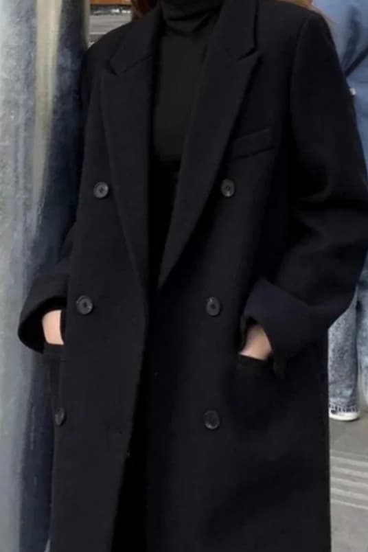 한 부서 검정색 이중 버튼 중간 길이 두꺼운 모직 외투 그는 벤 바람 품격 코트 이미지 5