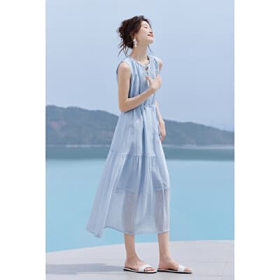 아이스 타운 색조 허리 수축 느긋한 센스 롱 스커트 2026 여름 새로운 프랑스식 차 휴식 드레스 이미지 4