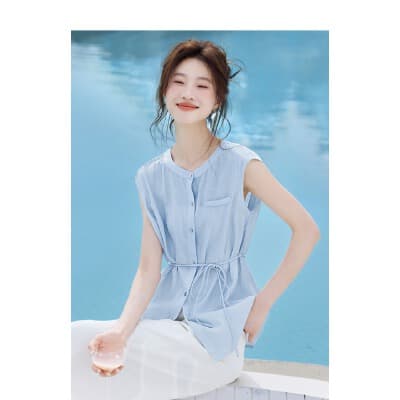 감기 센스 품격 레트로 스탠드 칼라 허리 수축 레이스업 민소매 셔츠 2026 여름 새로운 작은 셔츠 여성 이미지 2