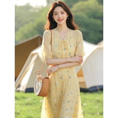 2026 여름 새로운 프랑스식 부드러운 바람 아름다운 고유 한 품격 황색 꽃무늬 드레스 아이들 상세 이미지 3
