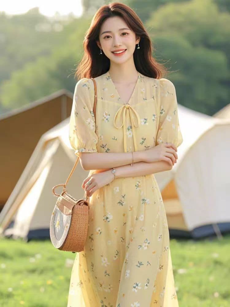 2026 여름 새로운 프랑스식 부드러운 바람 아름다운 고유 한 품격 황색 꽃무늬 드레스 아이들 상세 이미지 4