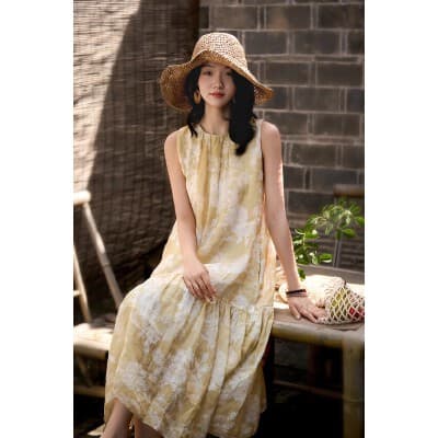 해변가 휴가 치마 모 향기로운 얕은 차가운 종이 절단 프린트 민소매 드레스 26 여름 새로운 は