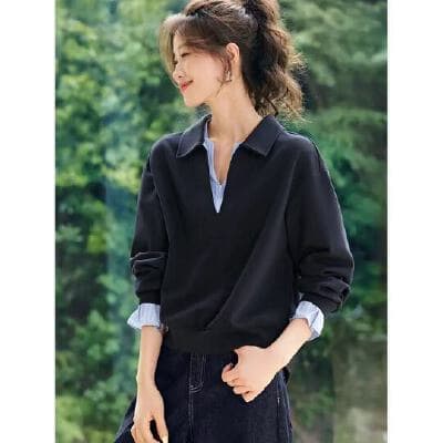 2026miu 바람 가을로 페이크 레이어드 패치워크 스트라이프 디자인 센스 후드티 가을 캐주얼 다용도 후드티 이미지 3