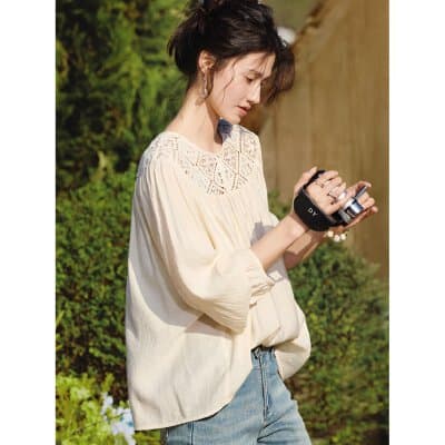 남쪽 법 느슨함 센스 26 봄 여름 무거운 작업 홀로우 아웃 수공 자수 패치워크 벌룬 소매 아마 셔츠 맨위 이미지 4