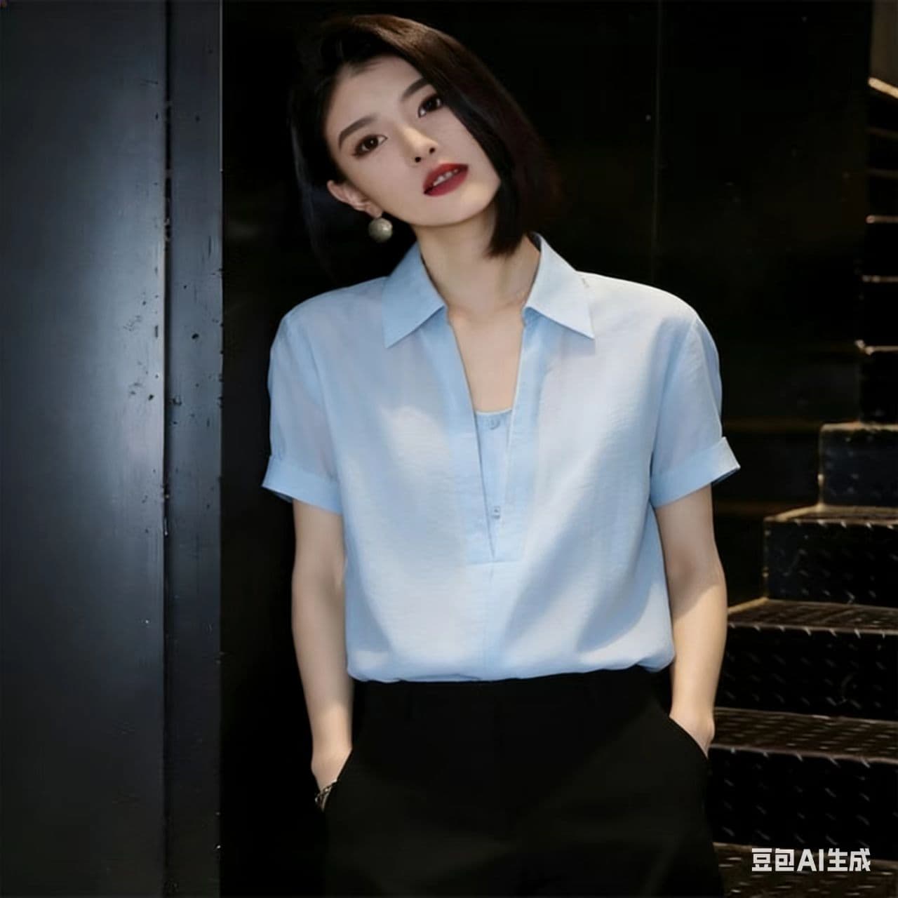 페이크 레이어드 파란색 셔츠 반팔 2026 여름 새로운 프랑스식 디자인 센스 품격 폴로 칼라 맨위 상세 이미지 1