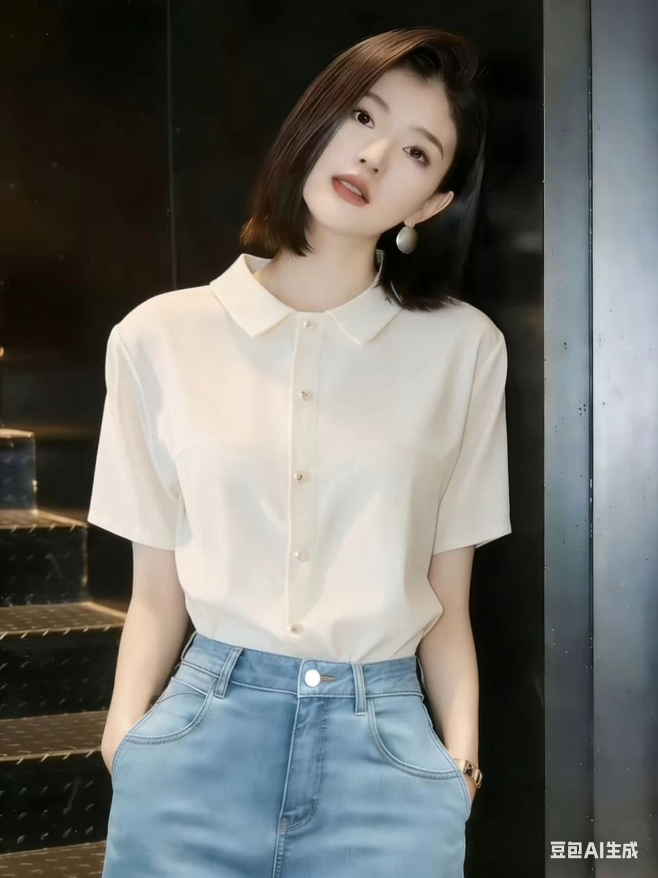 한 부서 Chic 슈퍼 잘 생긴 화이트 POLO 칼라 반팔 여성 셔츠 여름 섹션 고유 한 아름다운 루즈핏 슬림해 보이는 맨위 상세 이미지 1