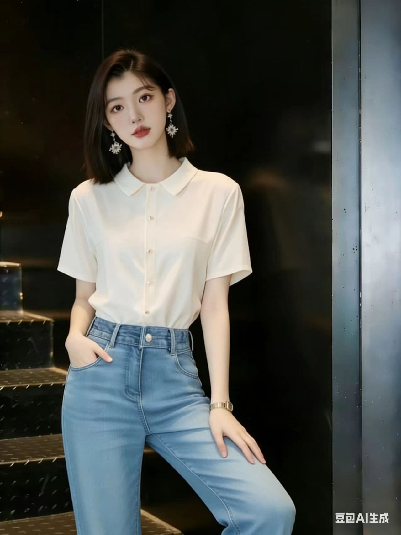 한 부서 Chic 슈퍼 잘 생긴 화이트 POLO 칼라 반팔 여성 셔츠 여름 섹션 고유 한 아름다운 루즈핏 슬림해 보이는 맨위 상세 이미지 3