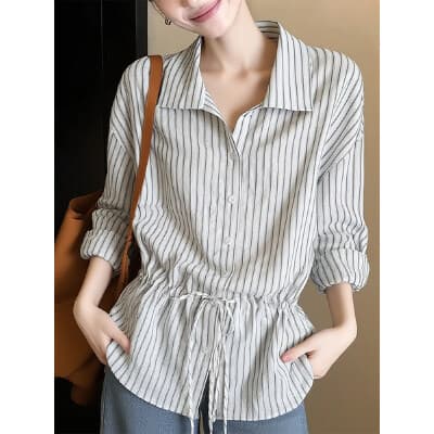 한 부서 디자인 센스 면 린넨 펌프 로프 허리 수축 스트라이프 여성 셔츠 봄 미니멀리즘 다용도 품격 다용도 루즈핏 맨위 상세 이미지 4