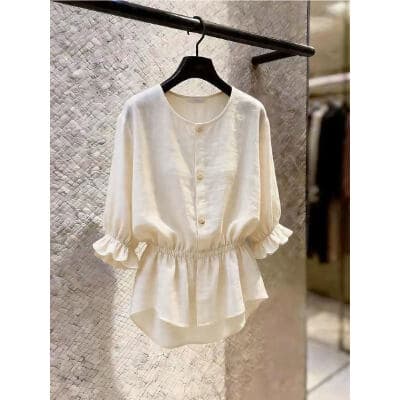 부드러운 바람 쌀 살구 색상 라운드 넥 허리 수축 여성 셔츠 여름 새로운 슬림해 보이는 프릴 거품 소매 품격 맨위 이미지 4