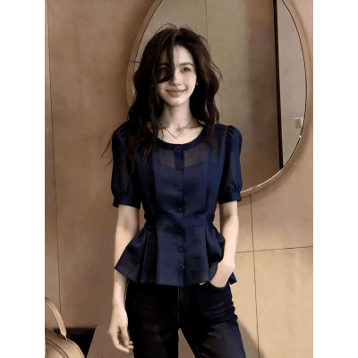 프랑스식 미니멀리즘 빛 요리 한 품격 출퇴근 작은 샤넬 스타일 파란색 반팔 여성 셔츠 2026 여름 새로운 꼬집기 허리 작은 셔츠 상세 이미지 1