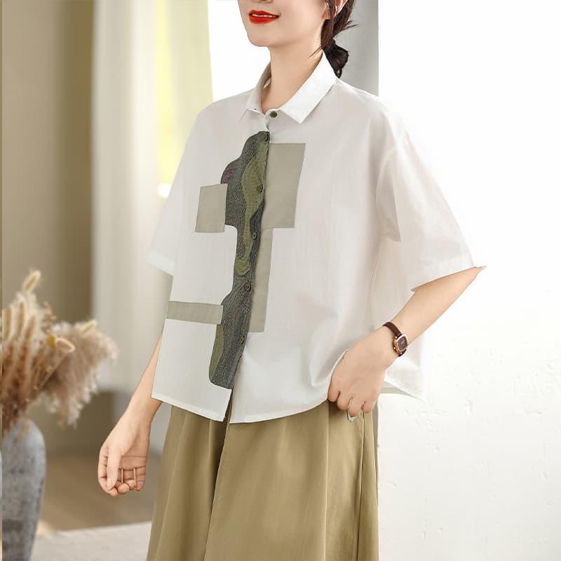 실사 고급 센스 순면 셔츠 여성 셔츠 2025 봄 여름 새로운 캐주얼 빅 사이즈 루즈핏 슬림해 보이는 반소매 셔츠 이미지 3