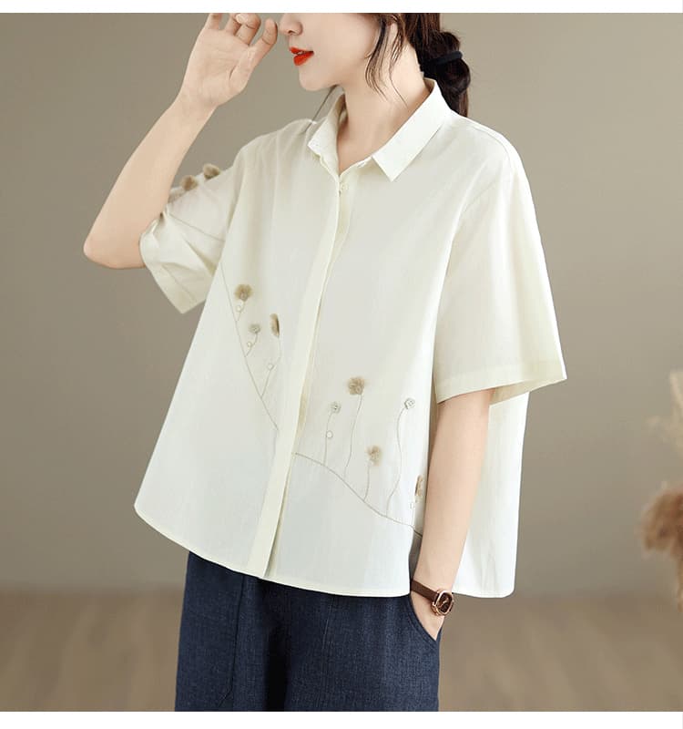 실사 패션 다용도 3 차원 자수 캐주얼 반팔 셔츠 순면 디자인 센스 빅 사이즈 루즈핏 슬림해 보이는 셔츠 여성 상세 이미지 13