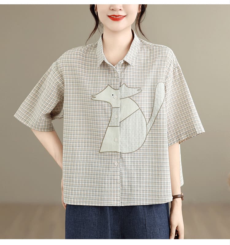 실사 캐주얼 빅 사이즈 체크무늬 자수 반팔 셔츠 루즈핏 슬림해 보이는 셔츠 다용도 디자인 센스 맨위 여성 트렌디 상세 이미지 16