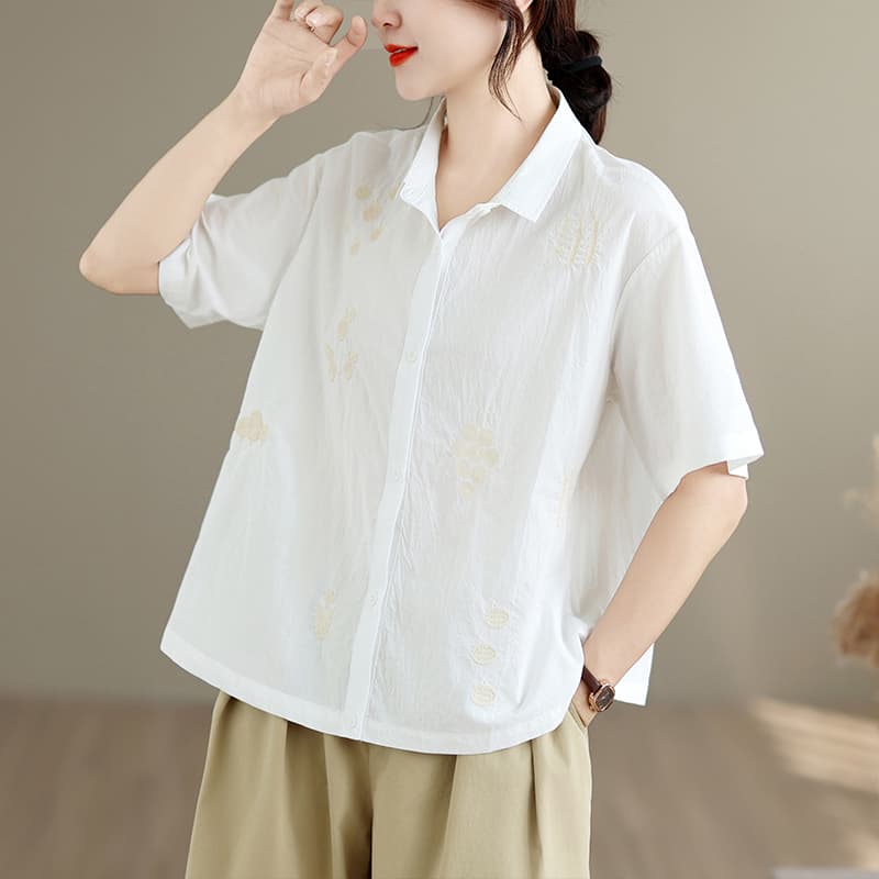 실사 인출 전단 표준 순면 자수 셔츠 패션 다용도 캐주얼 루즈핏 슬림해 보이는 반팔 셔츠 여성 셔츠 이미지 3