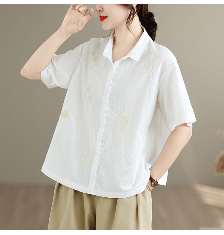 실사 인출 전단 표준 순면 자수 셔츠 패션 다용도 캐주얼 루즈핏 슬림해 보이는 반팔 셔츠 여성 셔츠 상세 이미지 20