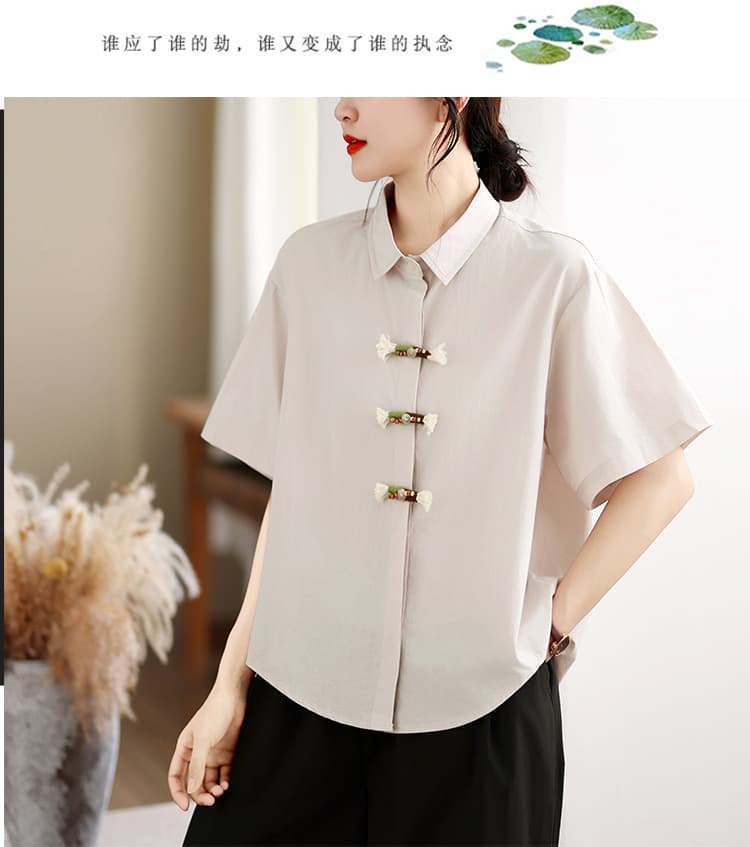 실사 순면 캐주얼 반팔 셔츠 빅 사이즈 루즈핏 슬림해 보이는 다용도 셔츠 디자인 센스 비즈 박기 오픈 가디건 맨위 여성 상세 이미지 17