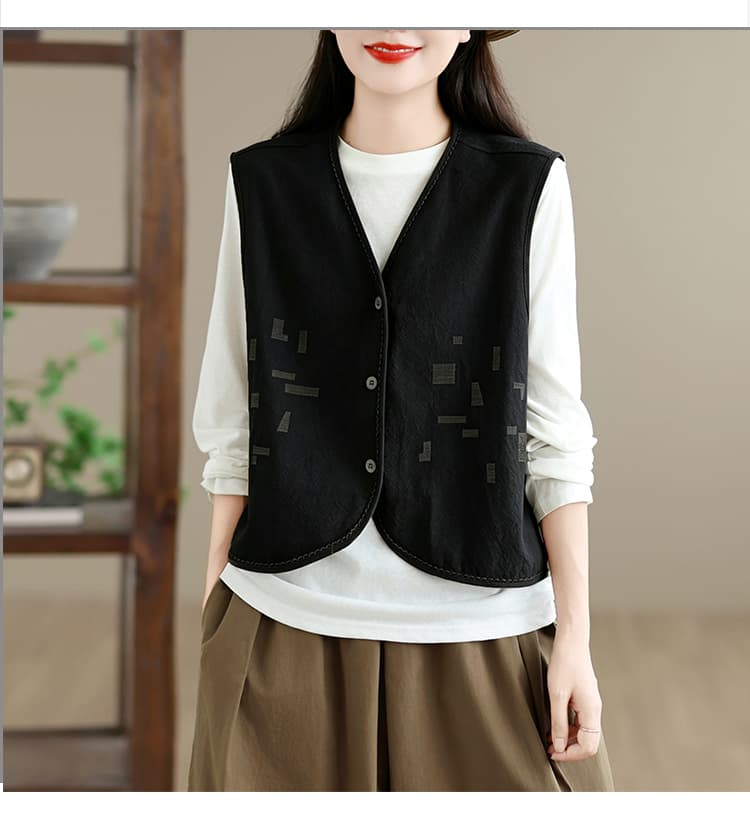 실사 일본식 면 린넨 자수 외출용 V넥 오픈 가디건 자수 조끼 민소매 조끼 외부 가져 가라. 레이스 어깨 재킷 상세 이미지 20
