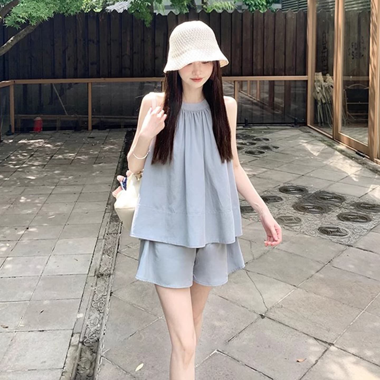 여름 느긋한 태국 사람 랜드 주간 실크 아마 세트 전체 점수 느슨함 민소매 맨위 반바지 투피스 세트 상세 이미지 12