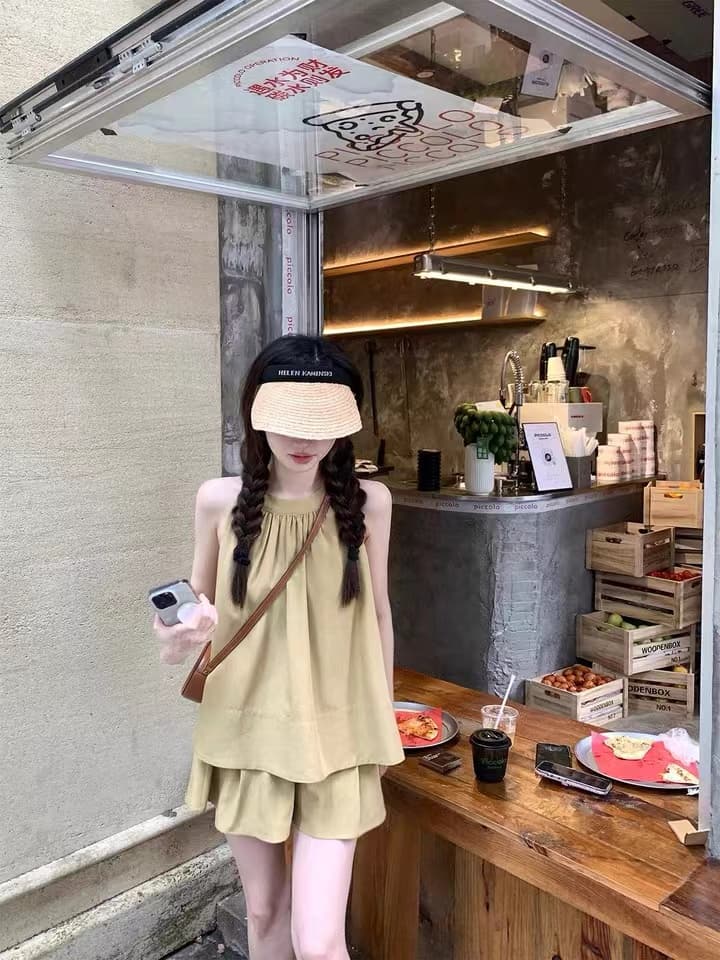 여름 느긋한 태국 사람 랜드 주간 실크 아마 세트 전체 점수 느슨함 민소매 맨위 반바지 투피스 세트 상세 이미지 17