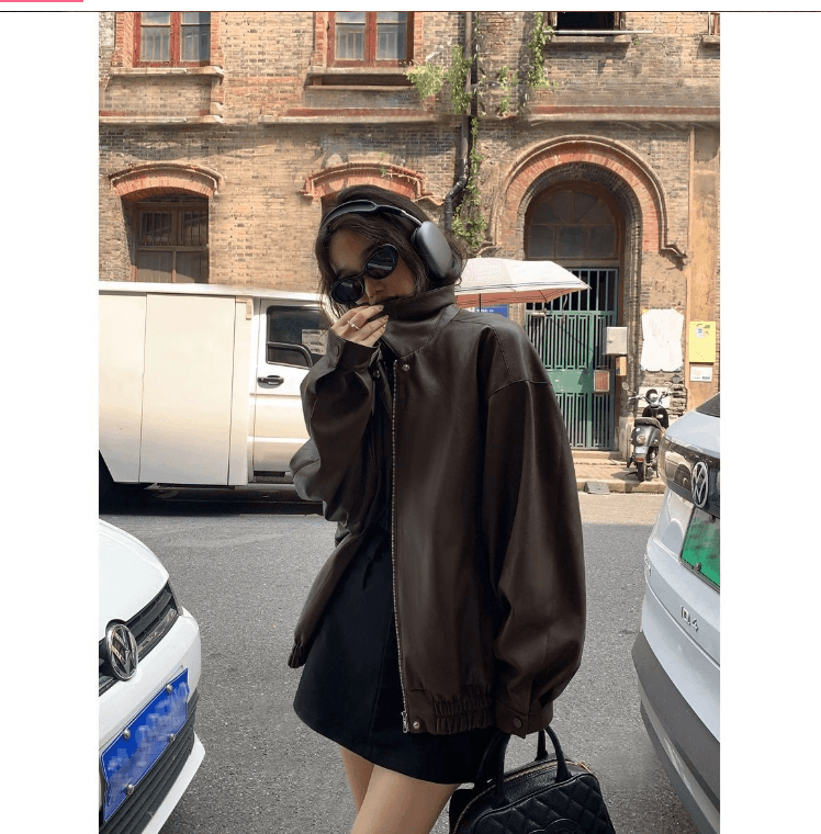 디자인 센스 레트로 문지르다 색상 마 오래된 폴로 칼라 가죽 재킷 재킷 상세 이미지 3