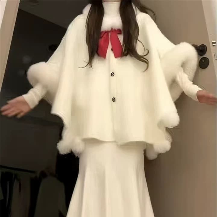 천 금빛 바람 레트로 빨간색 모피 칼라 망토 숄 재킷 여성 겨울 새로운 플리스 칼라 코트 신년 착용 가져 가라. 로브 이미지 2