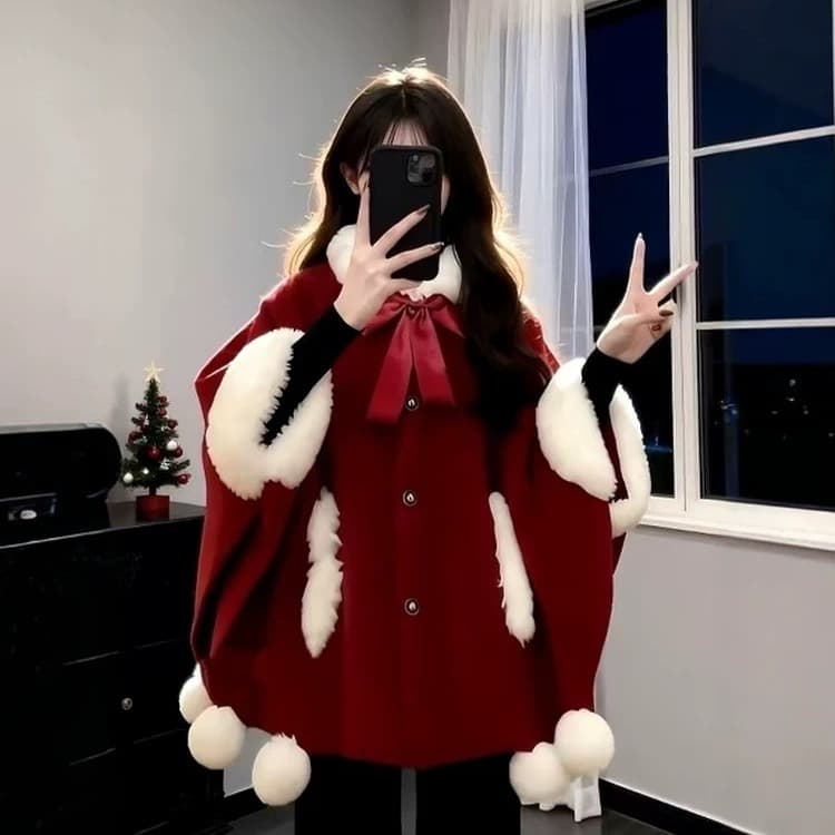 천 금빛 바람 레트로 빨간색 모피 칼라 망토 숄 재킷 여성 겨울 새로운 플리스 칼라 코트 신년 착용 가져 가라. 로브