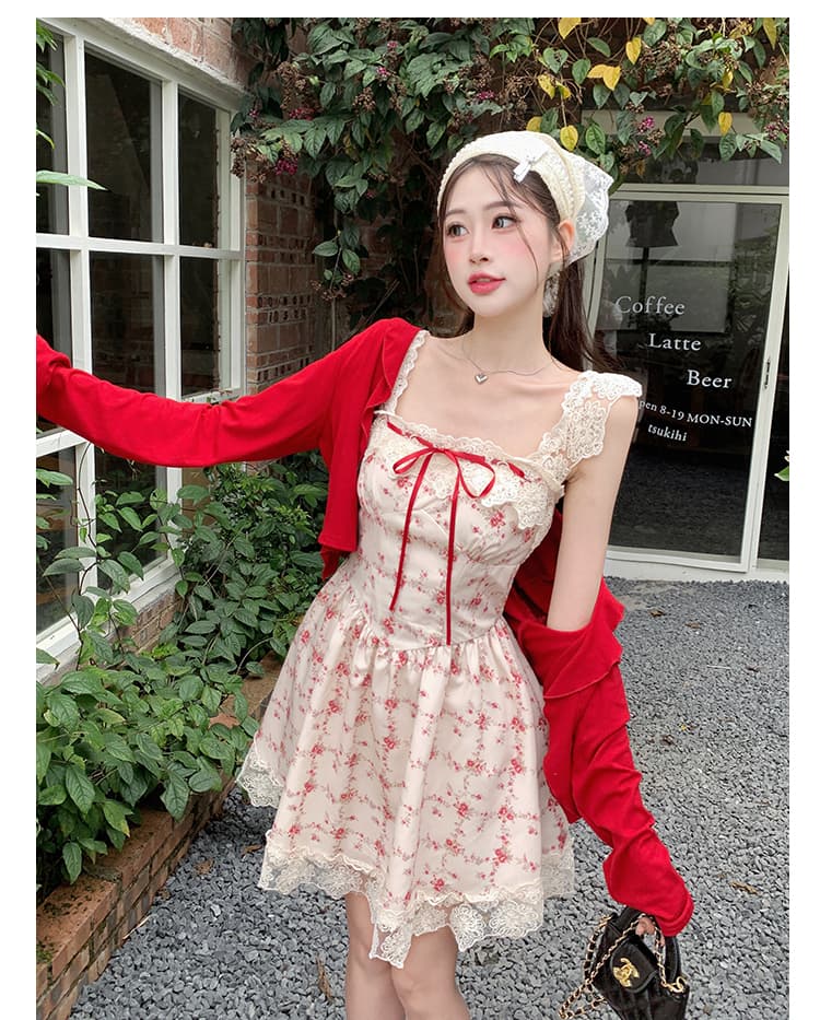 빅 사이즈 사랑 급히 살구 색상 전원 바람 작은 꽃무늬 프랑스식 레이스 슬립 드레스 봄 여름 작은 외투 세트 상세 이미지 10
