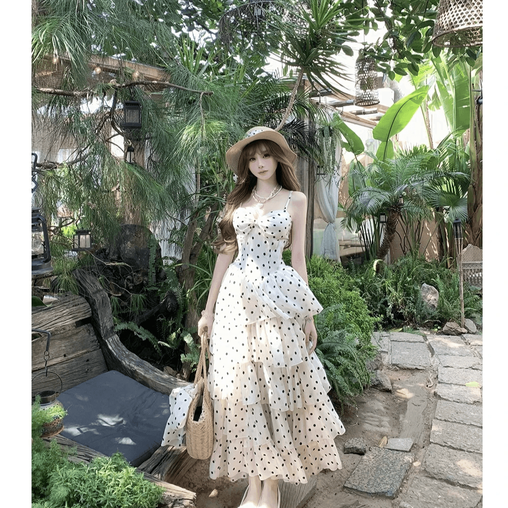 빅 사이즈 마이크로 지방 여성 의류 프랑스식 휴가 부드러운 표지 고기 도트 무늬 허리 수축 슬림해 보이는 패션 슬립 드레스 예복 이미지 3