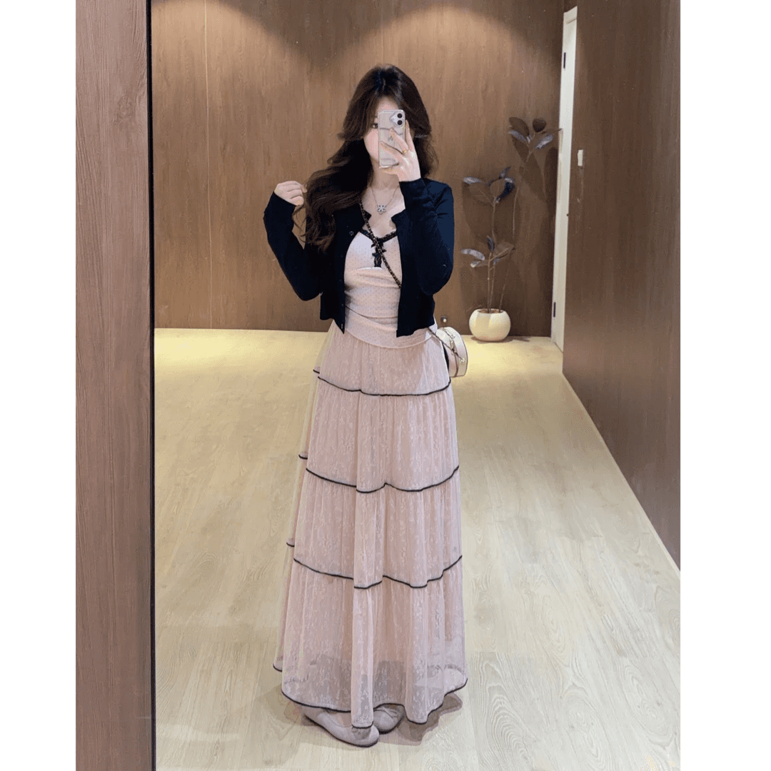 mumu 마이크로 지방 빅 사이즈 레이스 조각 몸매 가꾸기 슬립 외국 가스 세트 조끼 맨위 핑크색 검정색 도트 무늬 인사이드 가져 가라. 상세 이미지 3
