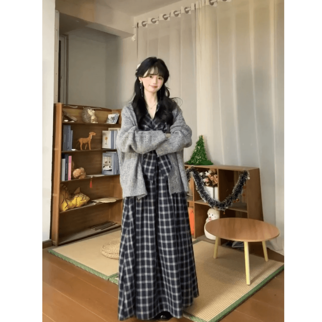 빅 사이즈 마이크로 지방 프랑스식 체크무늬 나비 넥타이 행침 목 여성 드레스 고급 센스 품격 허리 수축 한 마디 롱 스커트 상세 이미지 7