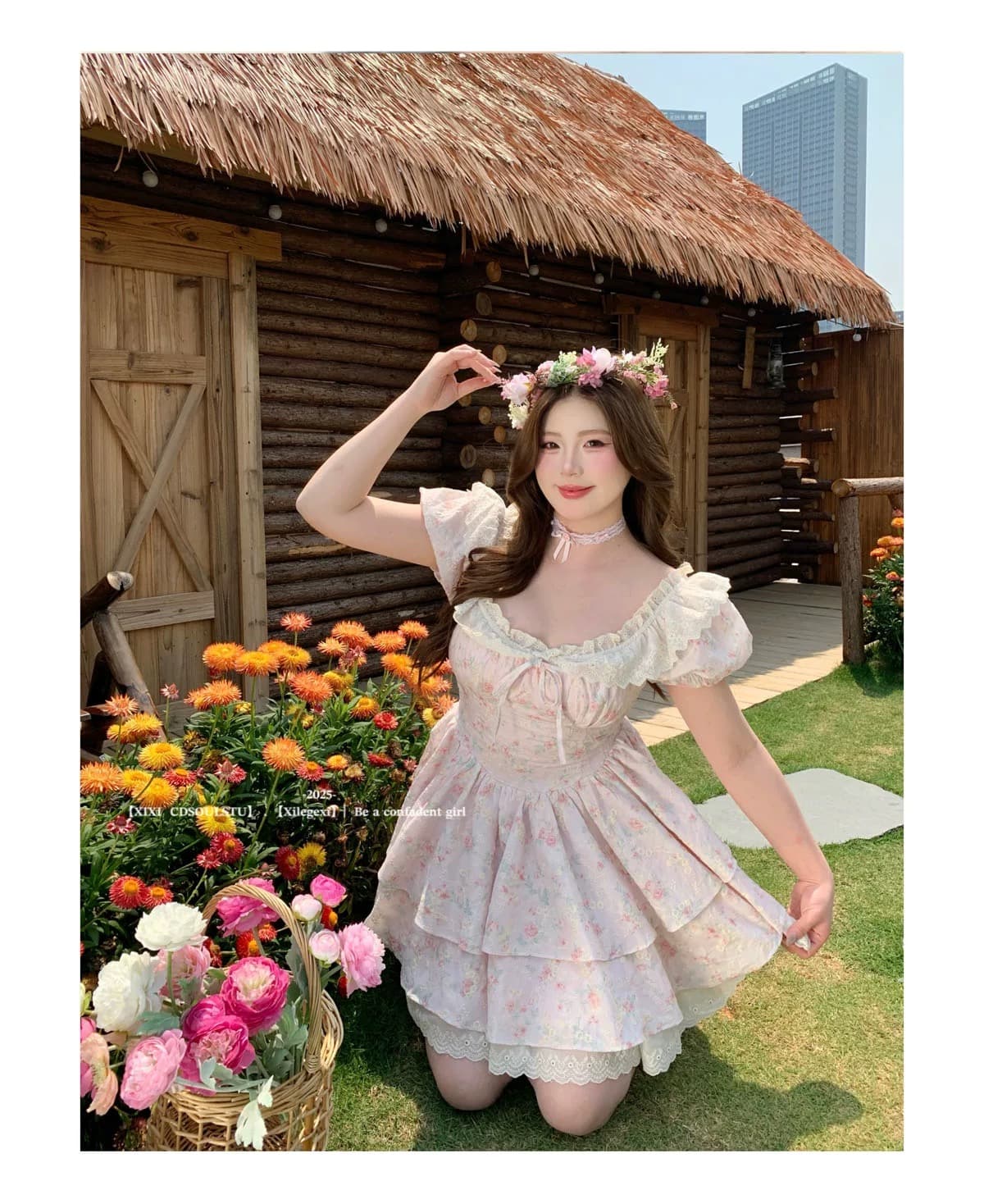 빅 사이즈 프랑스식 순수한 욕망 꽃무늬 거품 소매 여성 드레스 여름 지방 mm 슬림해 보이는 허리 수축 고급 센스 달콤함 롱 스커트 상세 이미지 4