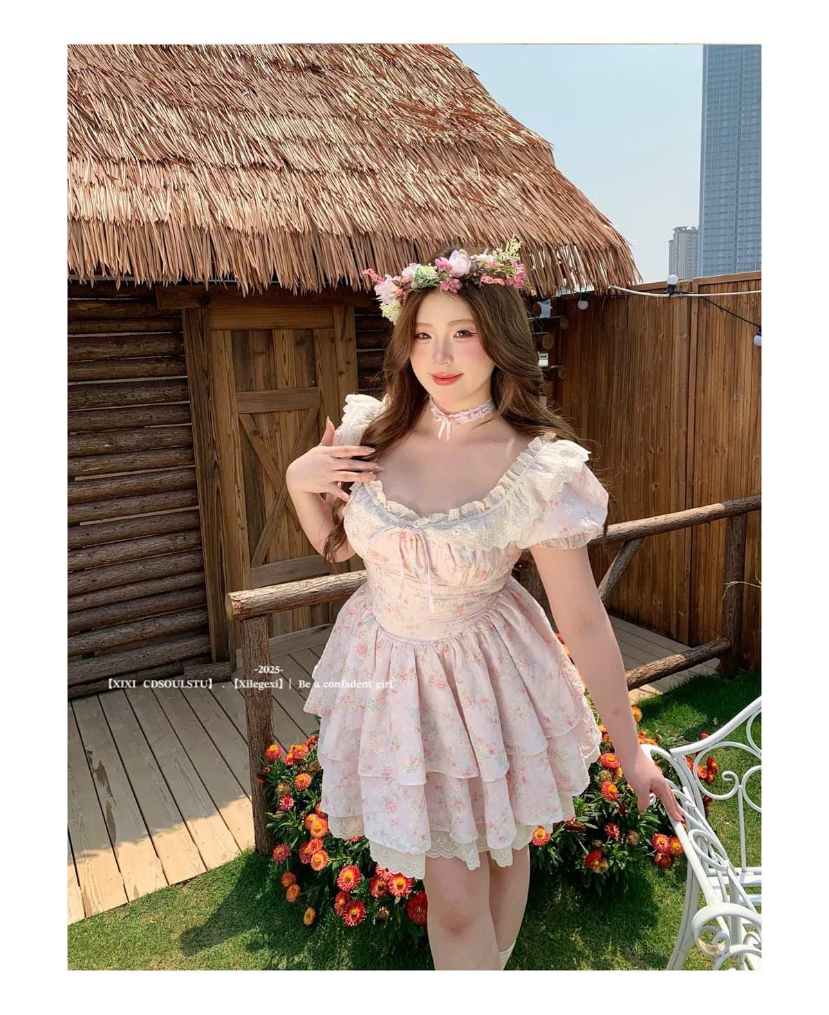 빅 사이즈 프랑스식 순수한 욕망 꽃무늬 거품 소매 여성 드레스 여름 지방 mm 슬림해 보이는 허리 수축 고급 센스 달콤함 롱 스커트 상세 이미지 7