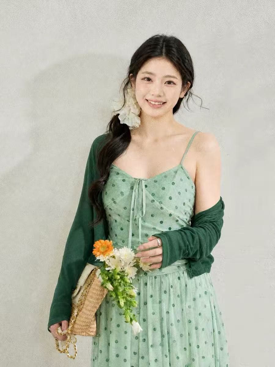 2026 새로운 드레스 빅 사이즈 여성 의류 지방 mm 해변가 휴가 바람 녹색 도트 무늬 슬립 드레스 오픈 가디건 세트 상세 이미지 6