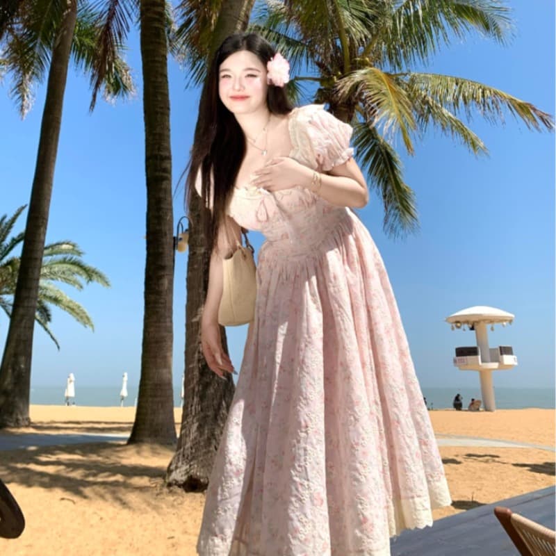sweet 소녀 아침 차 마이크로 지방 mm 빅 사이즈 순수한 욕망 거품 소매 꽃무늬 여름 달콤함 허리 수축 슬림해 보이는 드레스 이미지 3
