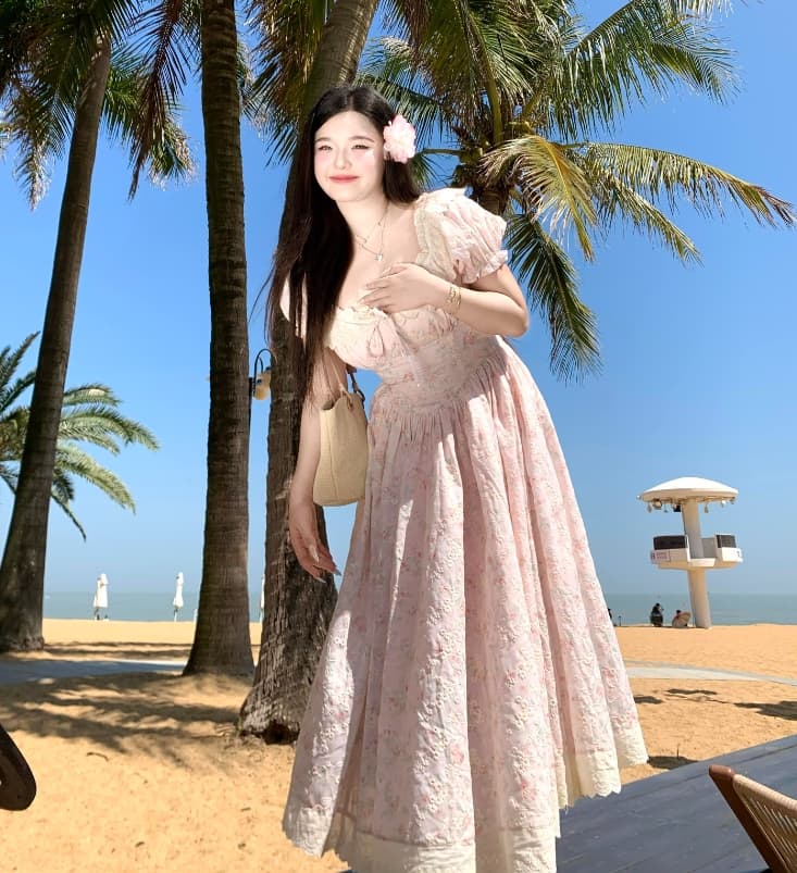 sweet 소녀 아침 차 마이크로 지방 mm 빅 사이즈 순수한 욕망 거품 소매 꽃무늬 여름 달콤함 허리 수축 슬림해 보이는 드레스 상세 이미지 14