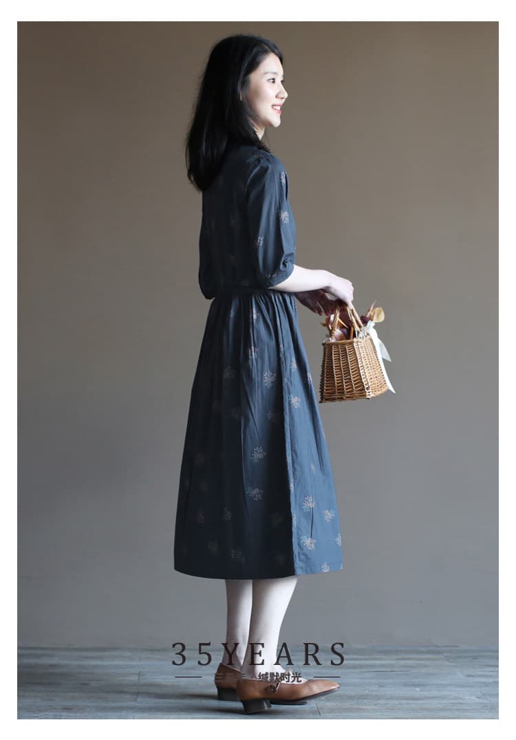 센 부서 순면 프린트 V넥 드레스 레트로 슬림해 보이는 봄 여름 문예 허리 수축 중간 길이 치마 이미지 2