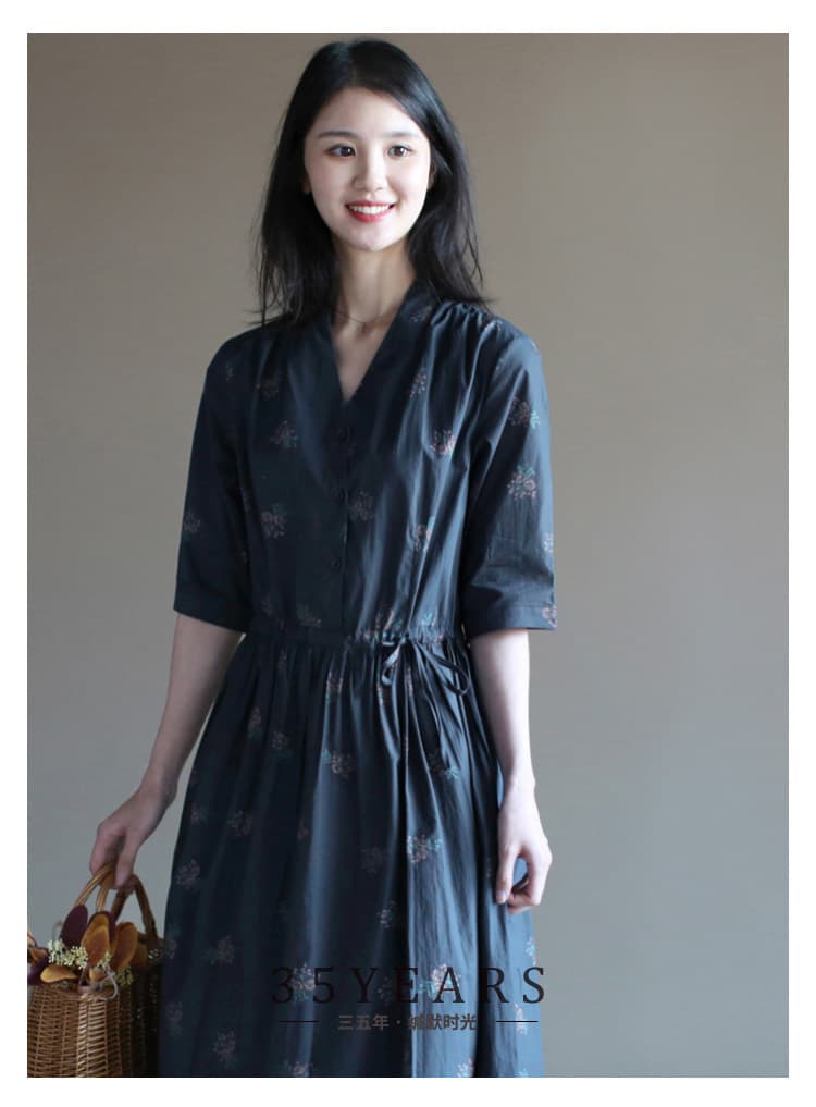 센 부서 순면 프린트 V넥 드레스 레트로 슬림해 보이는 봄 여름 문예 허리 수축 중간 길이 치마 이미지 3