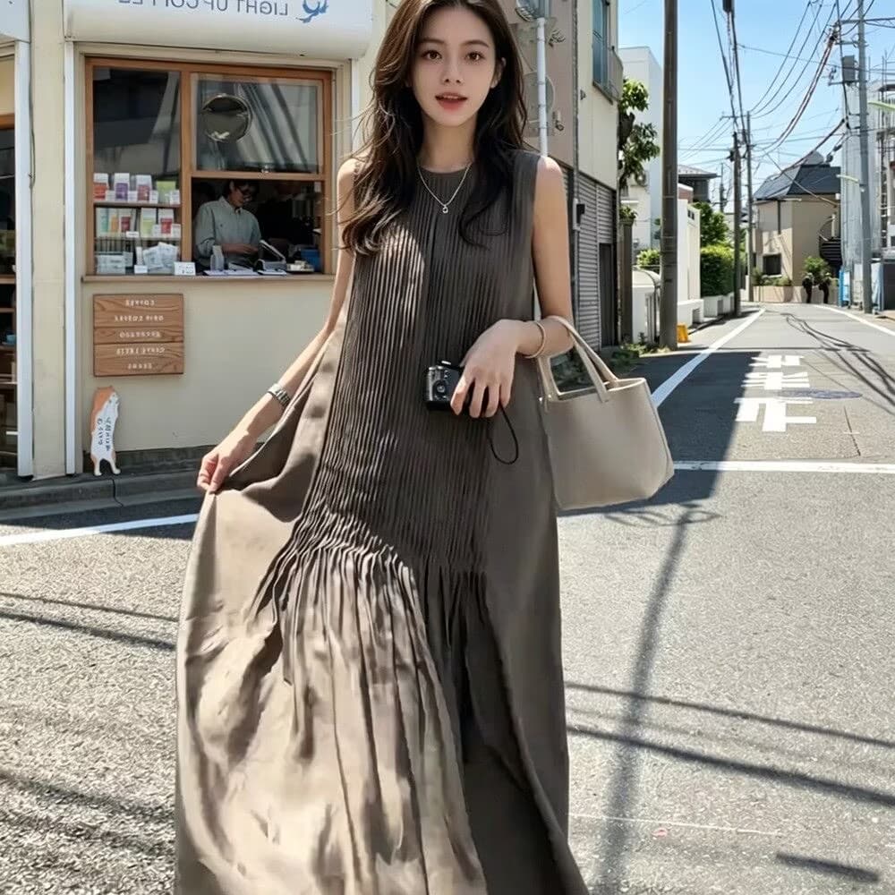 슬림해 보이는 큰 진자 롱 코트 여성 드레스 아모이 민소매 조끼 섹션 루즈핏 주름 캐주얼 무릎 아래 롱 스커트 이미지 2