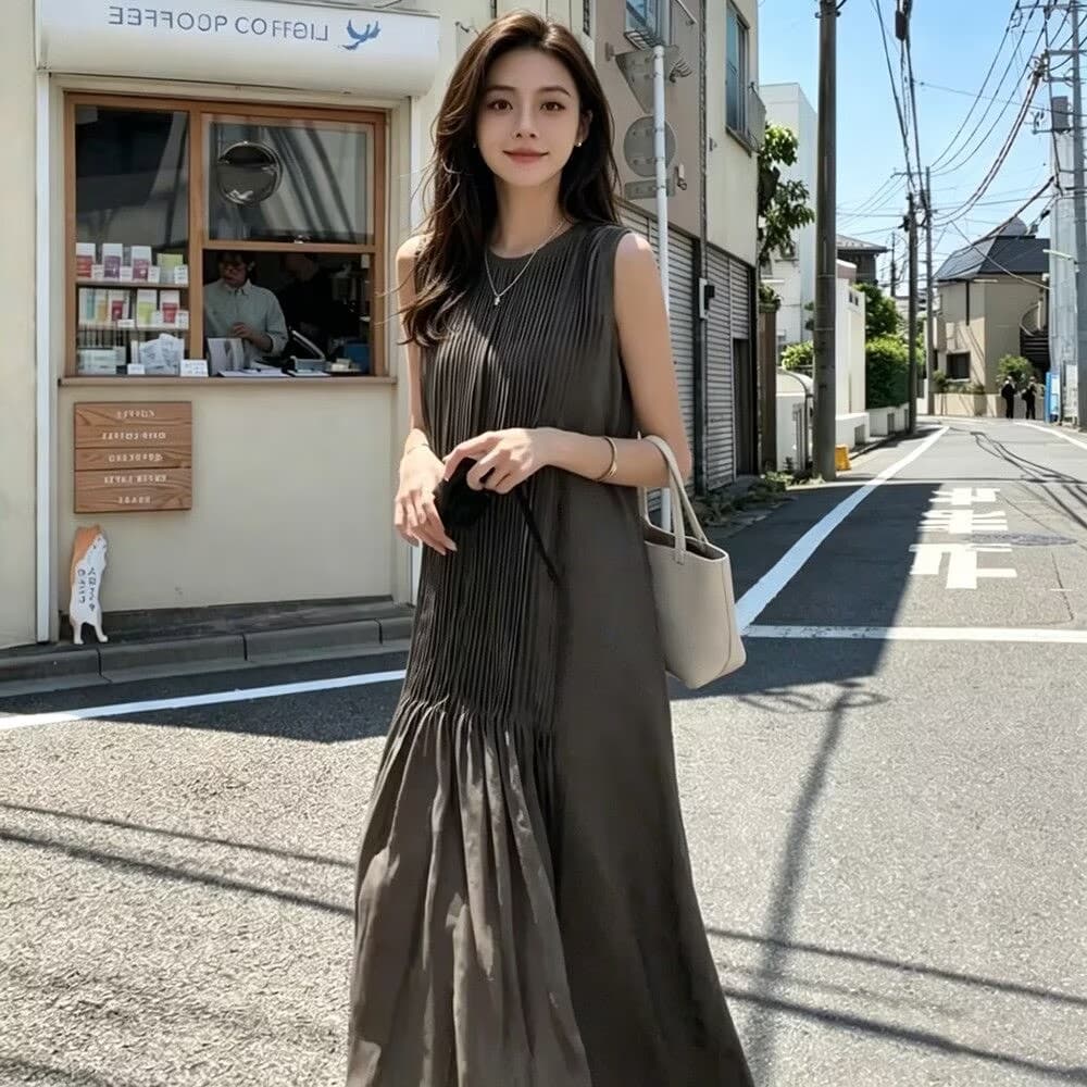 슬림해 보이는 큰 진자 롱 코트 여성 드레스 아모이 민소매 조끼 섹션 루즈핏 주름 캐주얼 무릎 아래 롱 스커트 상세 이미지 1