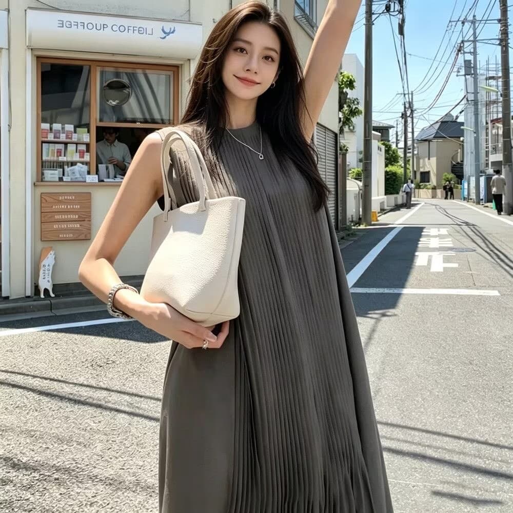 슬림해 보이는 큰 진자 롱 코트 여성 드레스 아모이 민소매 조끼 섹션 루즈핏 주름 캐주얼 무릎 아래 롱 스커트 상세 이미지 4