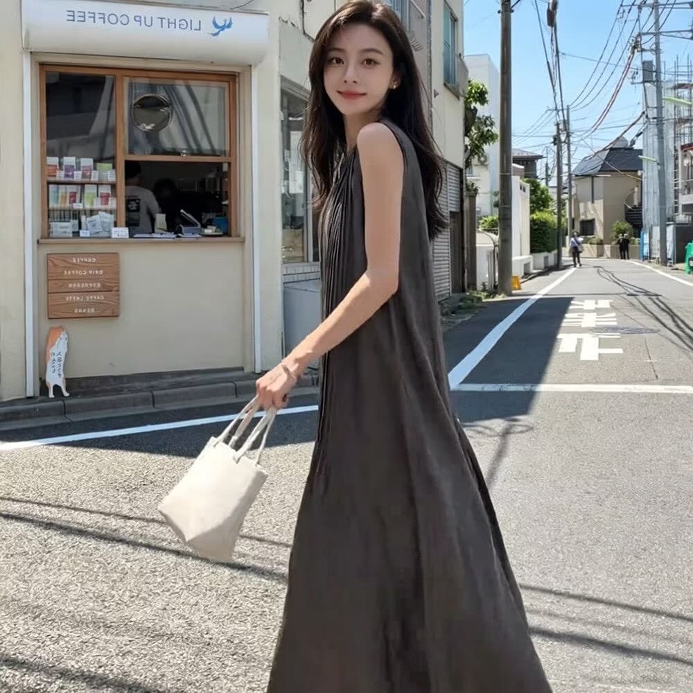 슬림해 보이는 큰 진자 롱 코트 여성 드레스 아모이 민소매 조끼 섹션 루즈핏 주름 캐주얼 무릎 아래 롱 스커트 상세 이미지 5