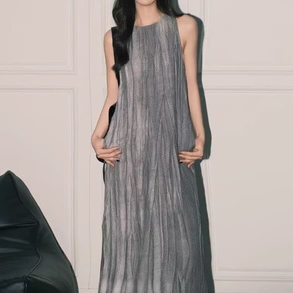 레트로 홀치기 염색 회색 여성 드레스 여름 루즈핏 민소매 조끼 스커트 느긋한 슬림해 보이는 중간 길이 Chic 이미지 4