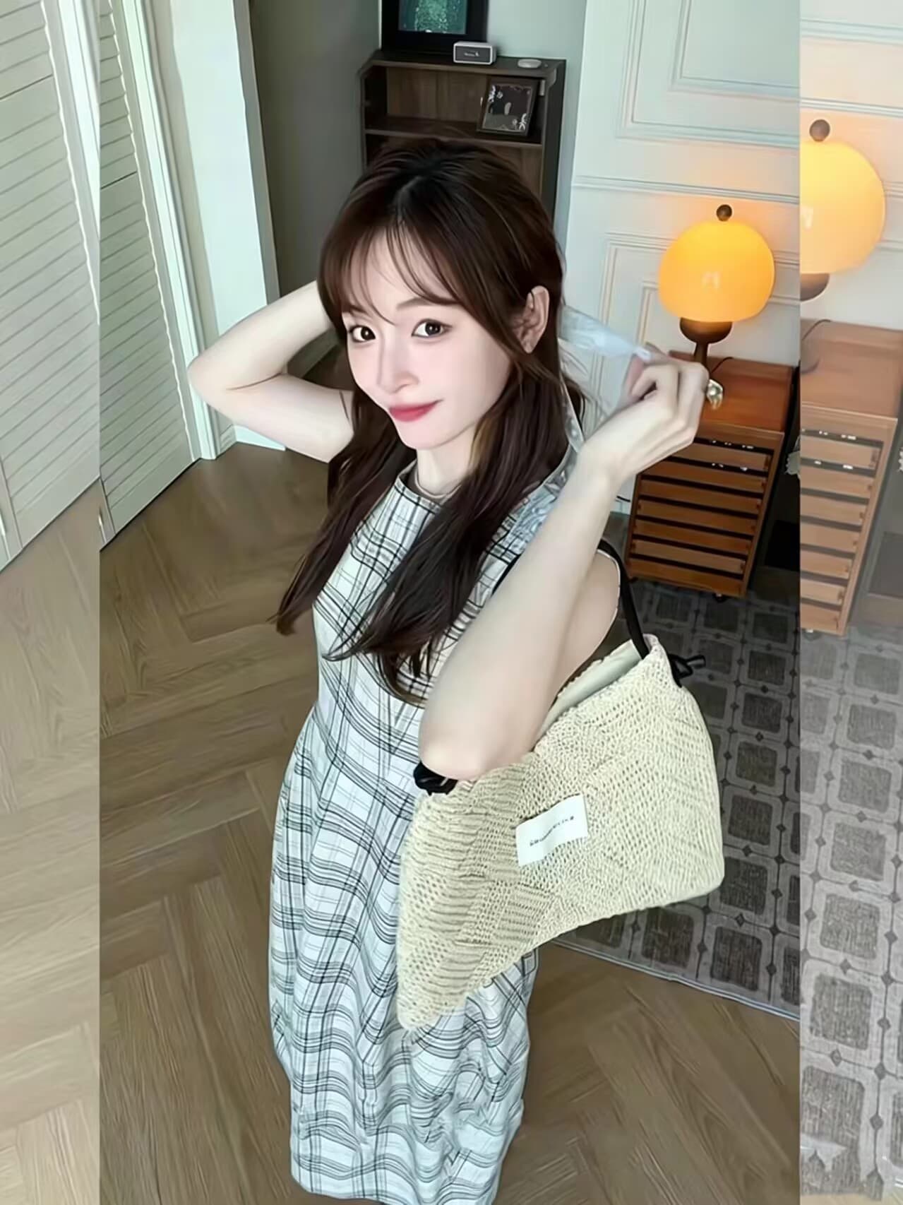 체크무늬 민소매 여성 드레스 봄 여름 2026 새로운 고급 센스 품격 허리 수축 롱 코트 조끼 스커트 상세 이미지 7