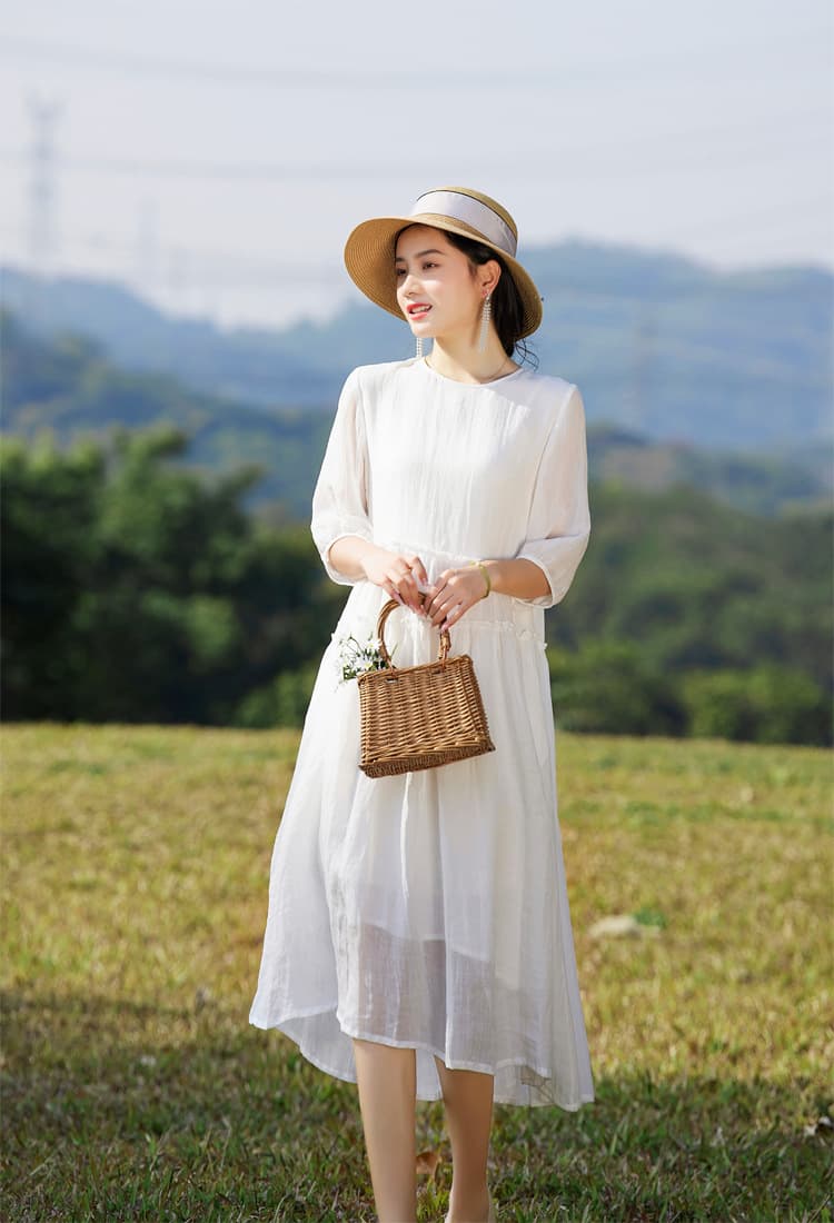 고급 센스 화이트 라미 드레스 여름 문예 루즈핏 면 린넨 사진 찍기 요정 가스 큰 진자 휴가 해변 치마 이미지 3